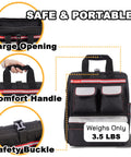 Worksite Ready Tools Backpack With Padded Back Support, showing large opening, comfort handle, and safety buckle features.