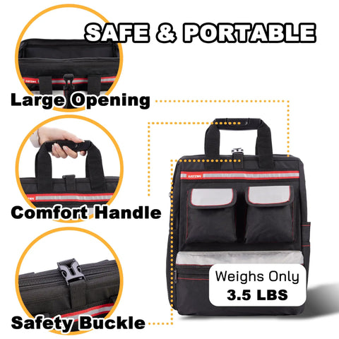 Worksite Ready Tools Backpack With Padded Back Support, showing large opening, comfort handle, and safety buckle features.