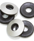 Top view of five washers: stainless steel with black neoprene-backed EPDM seals