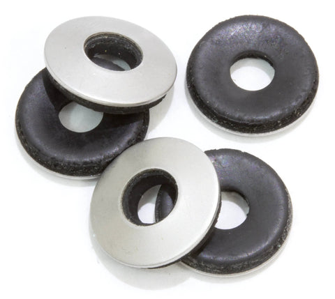 Top view of five washers: stainless steel with black neoprene-backed EPDM seals