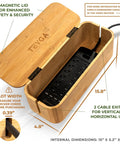Open natural bamboo cable box for home and office, showcasing power strip space, magnetic lid, and cord exits. Size shown in image.