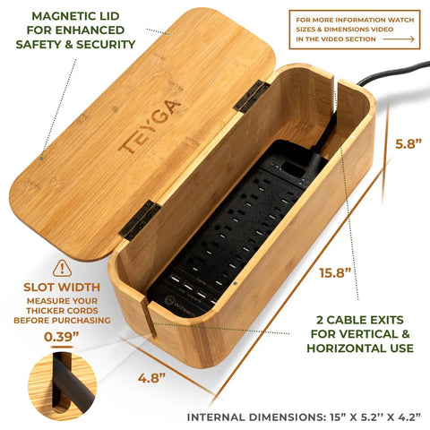 Open natural bamboo cable box for home and office, showcasing power strip space, magnetic lid, and cord exits. Size shown in image.