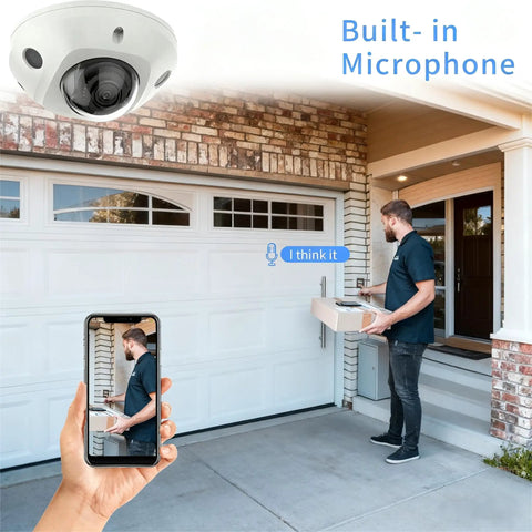 4MP AcuSense Fixed Mini Dome Network Camera With Built In Mic 2.8mm Lens PoE IR Night Vision shows live footage of a delivery person