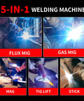 5 In 1 Portable Welding Machine With MIG MAG Flux MMA Lift TIG Capabilities showing welding process variety