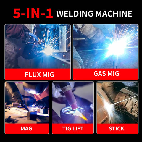 5 In 1 Portable Welding Machine With MIG MAG Flux MMA Lift TIG Capabilities showing welding process variety