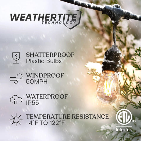 Waterproof Outdoor String Lights 24 Ft With 7 Dimmable 2W Vintage Edison Bulbs under snow, showcasing weatherproof features.