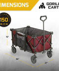 Heavy Duty Collapsible Outdoor Utility Wagon With Oversized 36 By 21 By 15 Bed And 150 Pound Capacity Red Foldable Rolling Cart With Cup Holders And Pockets For Beach Camping Sports Or Picnics shown with dimensions and 150 lb capacity badge.