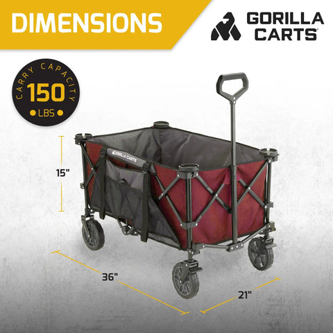 Heavy Duty Collapsible Outdoor Utility Wagon With Oversized 36 By 21 By 15 Bed And 150 Pound Capacity Red Foldable Rolling Cart With Cup Holders And Pockets For Beach Camping Sports Or Picnics shown with dimensions and 150 lb capacity badge.