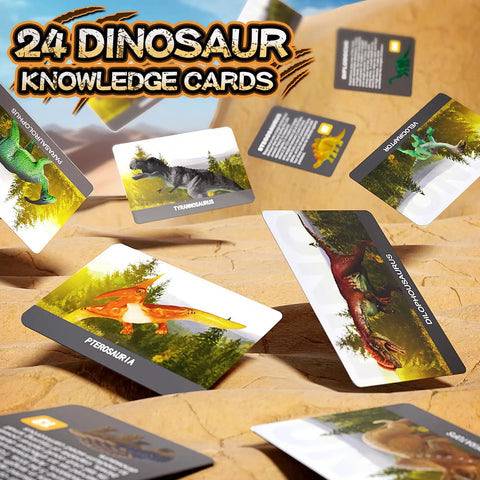 Dino knowledge cards from 24 Dino Eggs Dig Kit For Kids With Magnifier And Excavation Tools, STEM Dino Egg Discovery Set For Boys And Girls