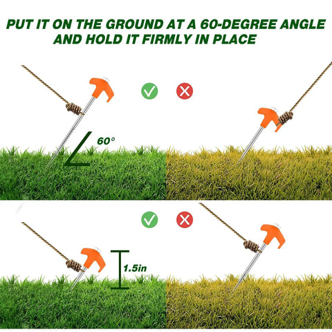 20 Pcs 12 Inch Tent Stakes Screw In Heavy Duty Ground Anchors with Hex Head Driver showing correct installation angle