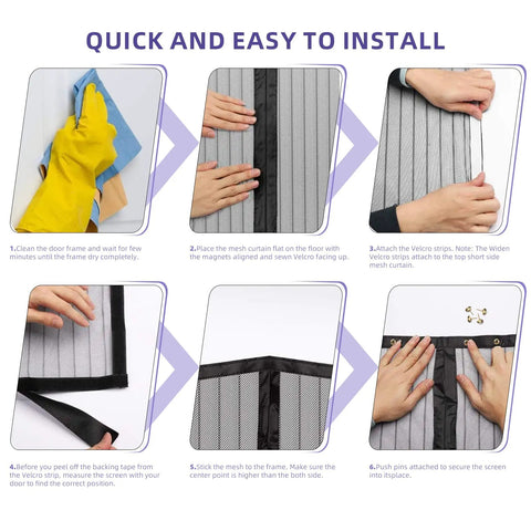 Installation steps for Heavy Duty Magnetic Screen Door 72x80 Self Sealing Hands Free Mesh with Strong Magnets and Reinforced Edges
