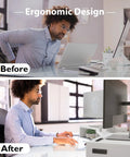 Before and after using Dual Monitor Stand With Smartphone Holder For Your Setup Adjustable Length From 31 Point 5 To 42 Point 5 Inches Swivel Angle Ergonomic Wooden Desk Organizer For PC Monitor Laptop And Printer White