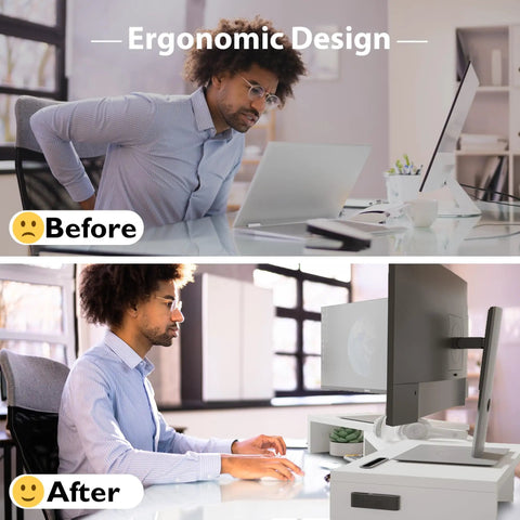 Before and after using Dual Monitor Stand With Smartphone Holder For Your Setup Adjustable Length From 31 Point 5 To 42 Point 5 Inches Swivel Angle Ergonomic Wooden Desk Organizer For PC Monitor Laptop And Printer White