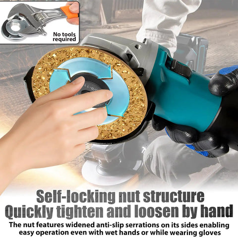 Dual Nut Set For Angle Grinders Five Eighths Inch By Eleven Threads Per Inch Quick Release Pro Grade Locking Kit in use