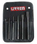 5 Piece Striking Tool Set With Chisels, Drift Pins And Punches in roll up pouch, black oxide coating, hexagonal handle design