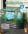 Self Watering Galvanized Raised Garden Bed Kit For Veggies Herbs And Flowers With Mesh Cover In A Large Oval Metal Outdoor Planter Box Six Foot By Three Foot By One Foot on patio with green mesh cover
