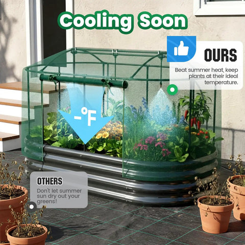 Self Watering Galvanized Raised Garden Bed Kit For Veggies Herbs And Flowers With Mesh Cover In A Large Oval Metal Outdoor Planter Box Six Foot By Three Foot By One Foot on patio with green mesh cover