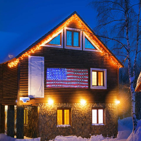 Patriotic LED Flag Net Lights For Outdoor Decor Waterproof American Flag String Light for snowy cabin exterior display