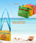 Mesh Beach Bags For Shells Collecting 4 Pack showing blue strap, various colors, and dimensions against sandy beach background.