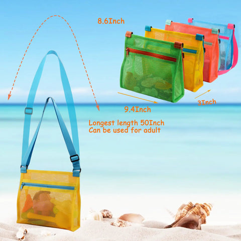 Mesh Beach Bags For Shells Collecting 4 Pack showing blue strap, various colors, and dimensions against sandy beach background.