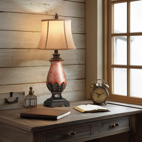 Set Of 2 Tall Farmhouse Rustic Table Lamps With Dimmable 3 Color Temperature Lighting From Warm 2700K Amber To Bright 5000K Daylight Cozy Vibe Perfect For Living Rooms Or Bedroom Nightstands Traditional Antique Coastal Decor In Amber Finish on a wooden desk by window