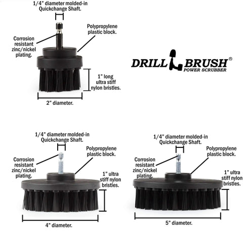 Ultra Stiff Drill Powered Cleaning Brush Set For Serious BBQ Grill Degreasing And Heavy Duty Paint Stripping Zero Wire Headache with various brush sizes.