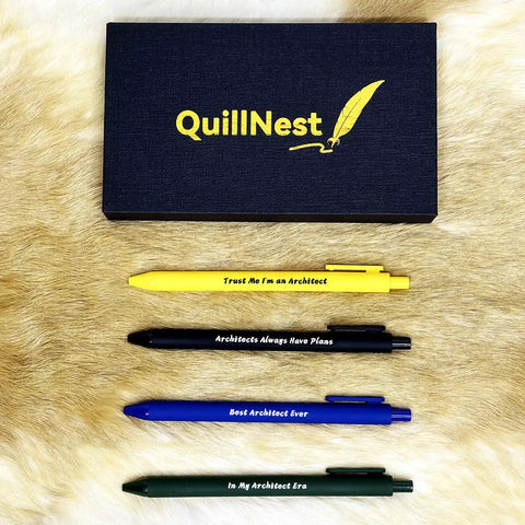 Funny Architect Pen Set Of 4 Engraved Ballpoint Pens For Men Architecture Gifts, featuring witty quotes and a QuillNest box.