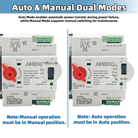 Straight Up 100 Amp Automatic Transfer Switch Flips Smooth As Silk Between Main And Backup Power For Homes Rvs And Emergency Setups No Sweat Operation showing Auto and Manual modes.