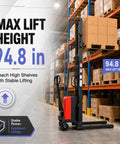 Rock Solid 1.6KW Motor Warehouse Pallet Stacker With 3300 Lbs Heavy Load Lift Capacity And 94 Inch Max Height showing max lift height of 94.8 in.