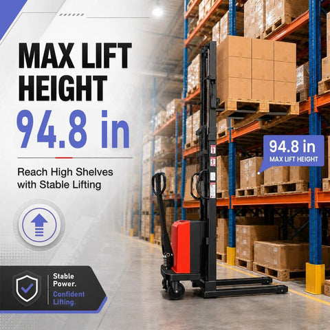 Heavy Duty 3300 Lbs Semi Electric Pallet Stacker With Mighty 1.6Kw Motor for Warehouse Logistics, showing max lift height of 94.8 inches.