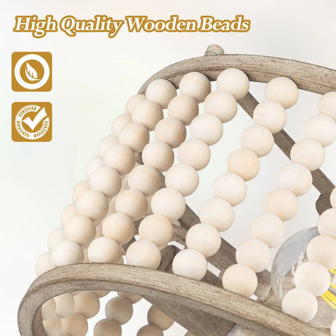 Detail of premium wood beads on Boho Farmhouse 2 Light Wood Beaded Semi Flush Mount Ceiling Light in Deep Oak Rustic Chandelier.