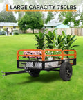 Beefy ATV Dump Cart With 1500 Lbs Capacity in yard, orange sides, carrying potted plants, part of Tow Behind Garden Trailer description.