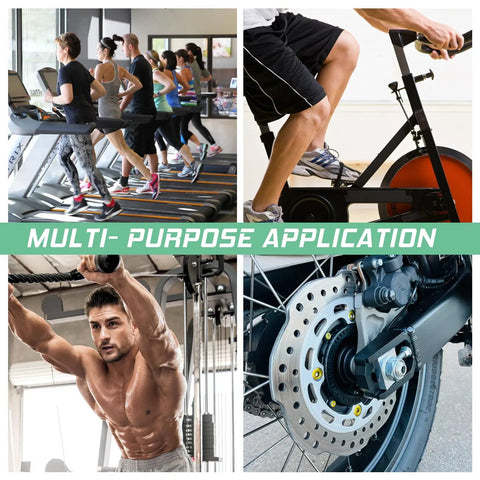 Collage showing treadmill, stationary bike, weightlifting, and disc brake for gym equipment use with "Multi-Purpose Application" text