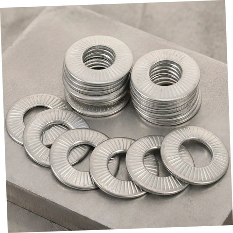 Built Different M6 Stainless Steel Belleville Washers 40 Piece Conical Spring Lock Plate Assembly stacked washers on a metal surface.