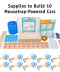 Hands On Classroom Physics Project Ten Pack Mousetrap Car Kit For Ages Eight And Up Build And Race Ten Mini Cars With Plastic Wheels Laser Cut Wood Chassis String Dowels And Zip Ties, kit parts and 10 assembled cars