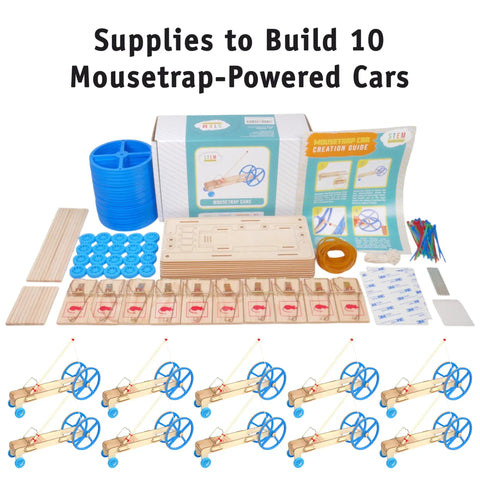 Hands On Classroom Physics Project Ten Pack Mousetrap Car Kit For Ages Eight And Up Build And Race Ten Mini Cars With Plastic Wheels Laser Cut Wood Chassis String Dowels And Zip Ties, kit parts and 10 assembled cars