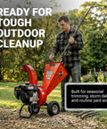 Man using Ultra Duty 7 HP Gas Powered Wood Chipper Shredder Mulcher For Backyard Cleanup Handles 3 Inch Wood Capacity EPA CARB Certified