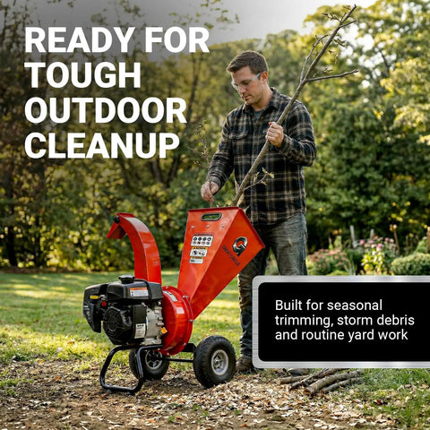 Man using Ultra Duty 7 HP Gas Powered Wood Chipper Shredder Mulcher For Backyard Cleanup Handles 3 Inch Wood Capacity EPA CARB Certified