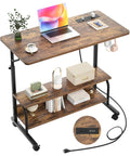 Rolling Standing Desk With Power Outlets And USB Ports, 32 Inch Manual Height Adjustable Mobile Computer Desk On Wheels, Sit Stand Laptop Couch Table For Bed And Sofa, Rustic Brown with shelves and accessories