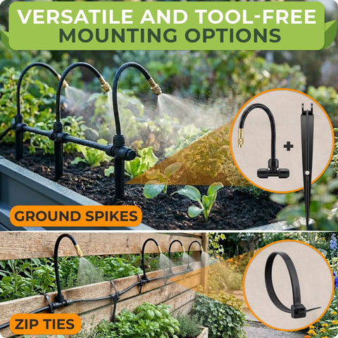 Installed Flexible Drip Irrigation Kit For Gardens 50 Foot Run With 16 Adjustable Nozzles in raised beds using ground spikes and zip ties