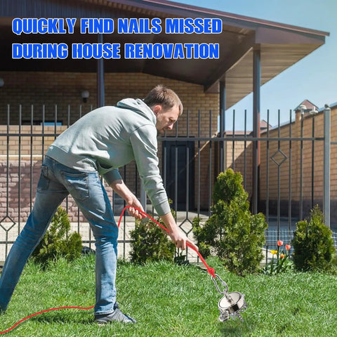 Man using Beast Mode Ultra Strong 800 Lb Fishing Magnet Kit with 2.4 inch magnets and rope for metal finding in yard.