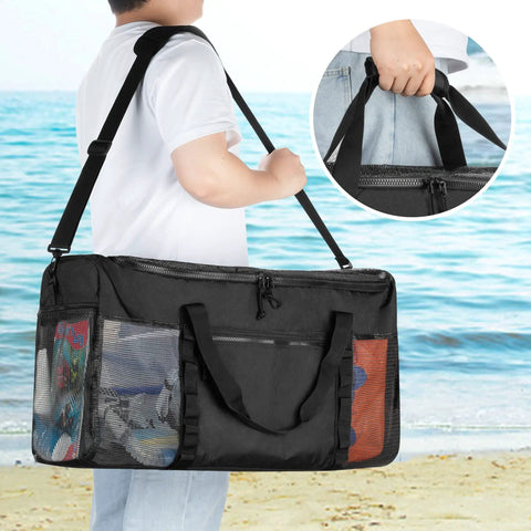 Person carrying Extra Large Mesh Dive Duffel Bag For Scuba Gear And Beach Essentials, Oversized Snorkeling Swim Gym Tote, Black