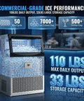 Heavy Duty Commercial Ice Maker Churning Out 110 Pounds Of Frosty Cubes Every 24 Hours With A Roomy 33 Pound Holder And No Sweat Self Cleaning Setup, showing large storage and ice output.