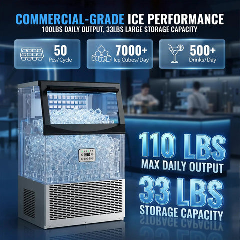 Heavy Duty Commercial Ice Maker Churning Out 110 Pounds Of Frosty Cubes Every 24 Hours With A Roomy 33 Pound Holder And No Sweat Self Cleaning Setup, showing large storage and ice output.