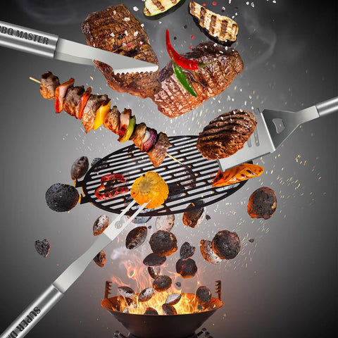 19Pcs Fathers Day BBQ Grill Tools Set With Apron Portable Bag Heavy Duty Stainless Steel Utensils in action over flames.