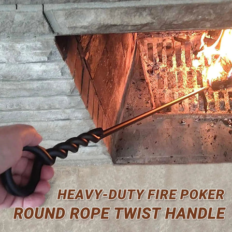 Person using Beefy 40 Inch Heavy Duty Fire Poker With Twisted Rope Grip Solid 12mm Steel Wrought Iron Fireplace Tool on firewood in an indoor fireplace.