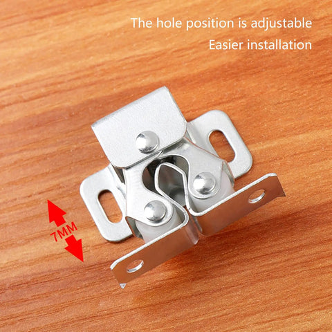Pack Of 5 Heavy Duty Plated Door Catches With Screws showing adjustable hole on wooden surface