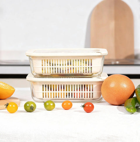 Square Glass Food Storage Containers With Glass Lids For Grab And Go Meals Microwave Safe Borosilicate Glass Leakproof Meal Prep Set BPA Free Removable Colander Silicone Lid 2 Pack on a table with fruits