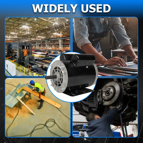 Three Horsepower Workhorse Electric Motor 3450 RPM 56 Frame Single Phase 115 230V CCW Rotation Five Eighth Inch Shaft shown in diverse industrial settings, including factory and workshop environments, emphasizing its versatile applications with cast aluminum housing and use in air compressors and tools.