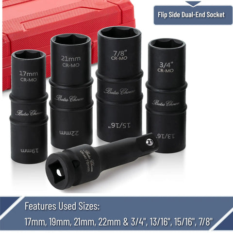Lug Nut Impact Socket Set One Half Inch Drive With Four Dual Ended Sockets 21mm And 22mm Plus Three Inch Extension Bar